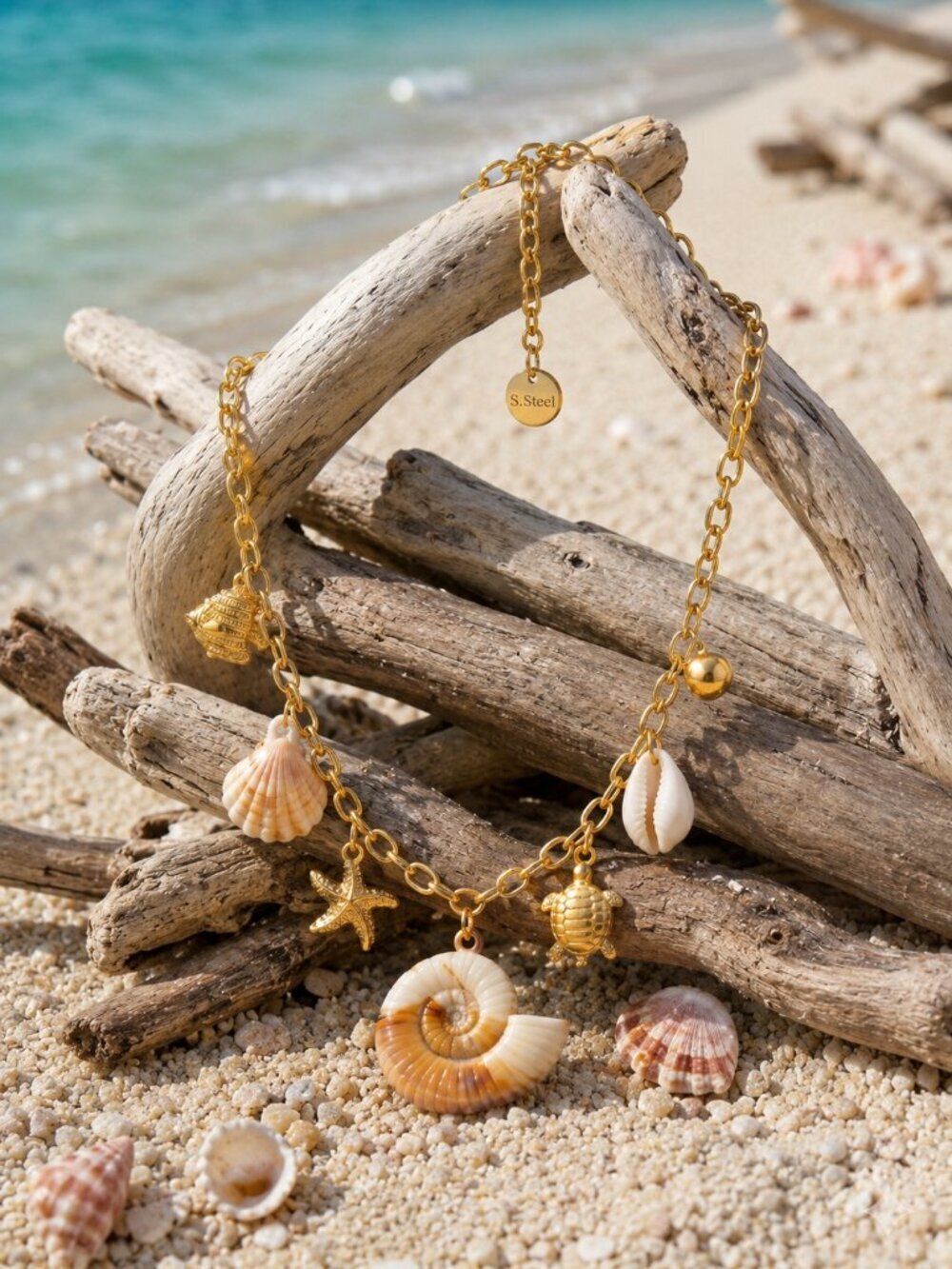 18K Gold Plated Faux Shell Mermaidcore Charm Necklace Turtle Starfish 15.5" - Picture 11 of 15
